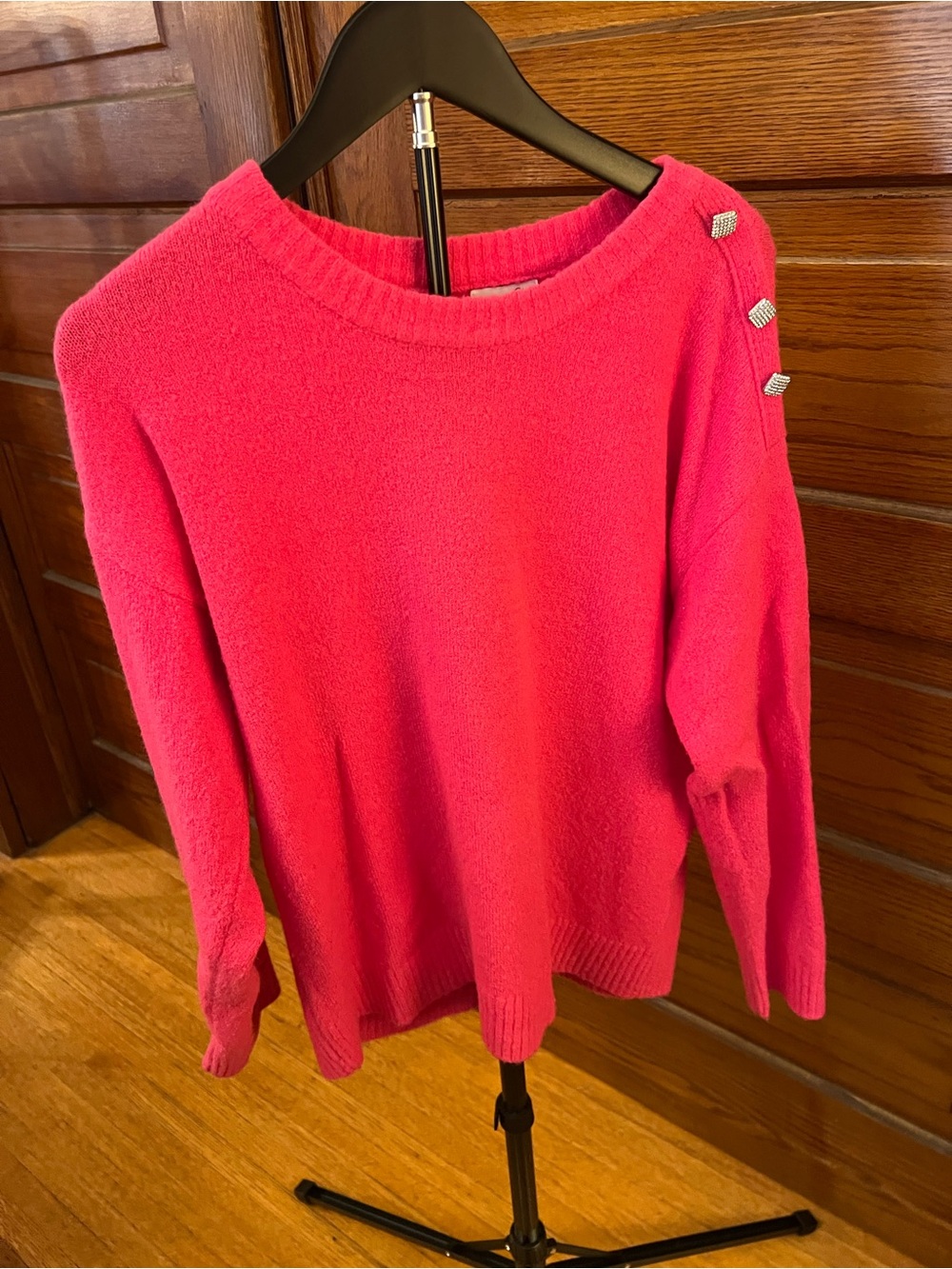 OLIVIA SKY Women's Crewneck Crystal Button Sweater - Hot Pink